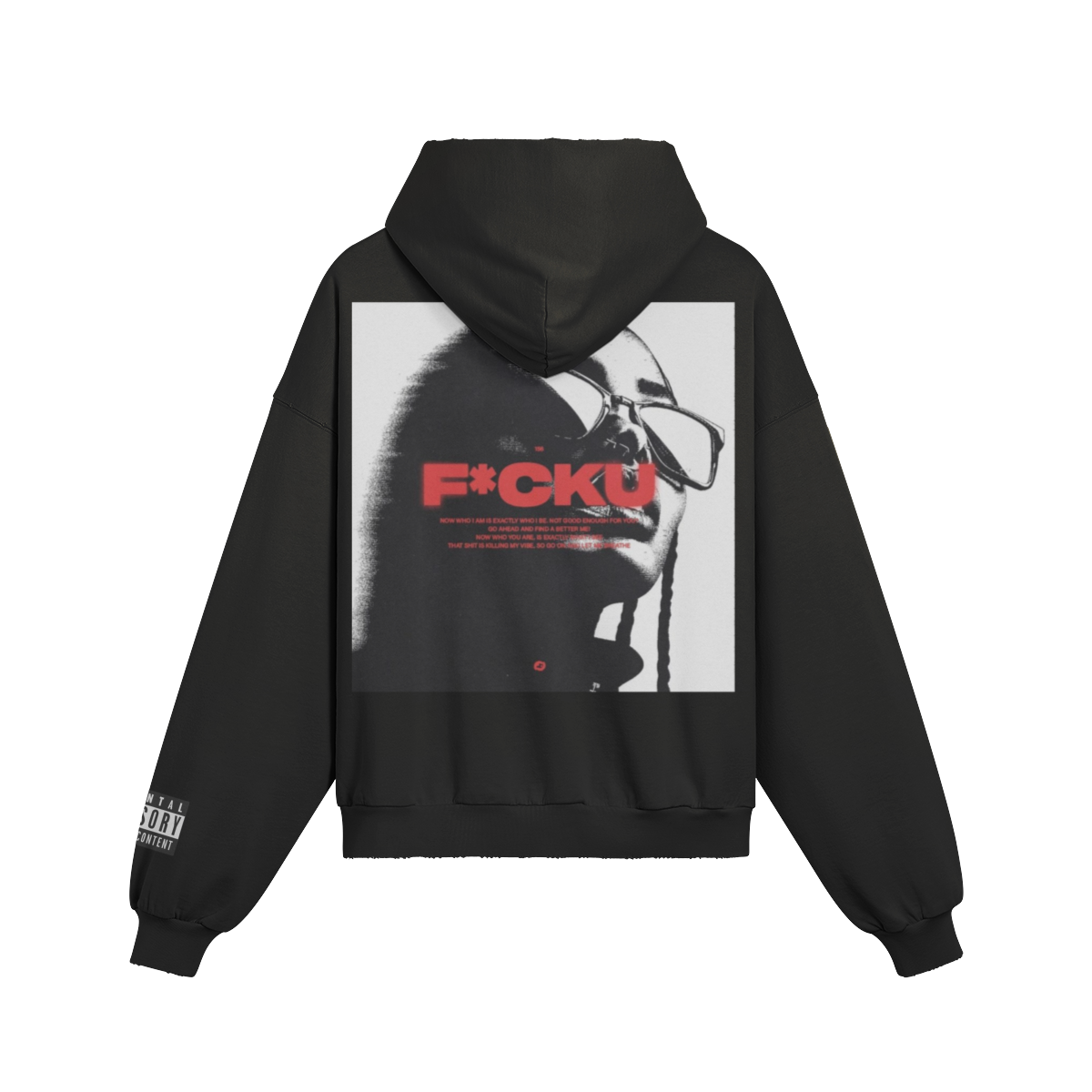 Blue hoodie with a brand logo on the sleeve against a white background