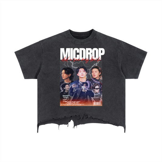 Black t-shirt with graphic design and text on a white background