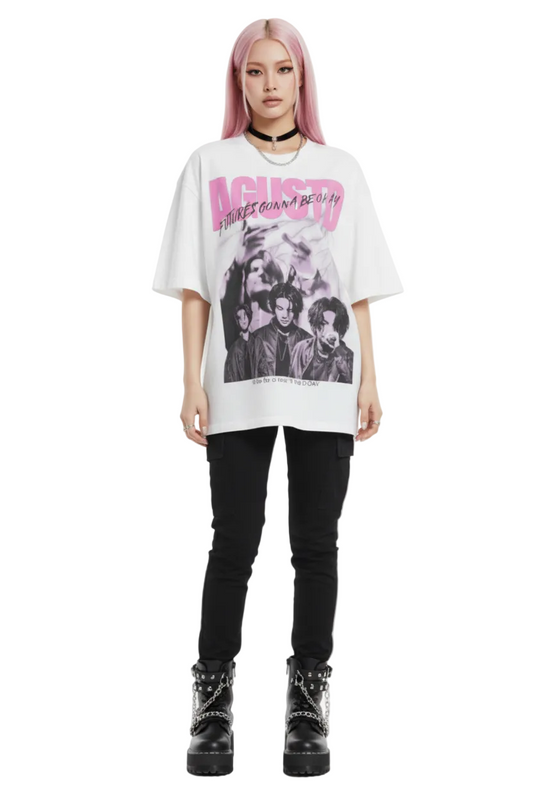 White t-shirt with graphic design and text on a white background