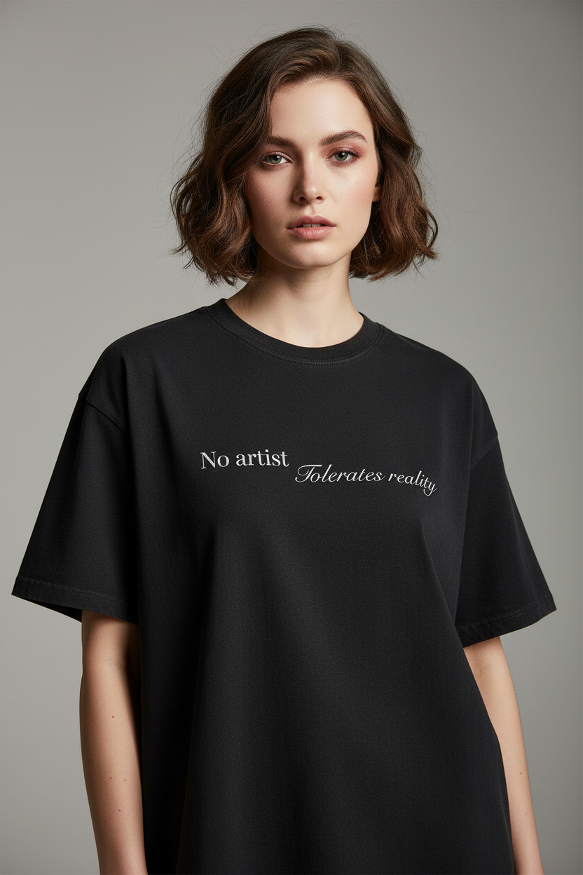 Black t-shirt with white text on a white background