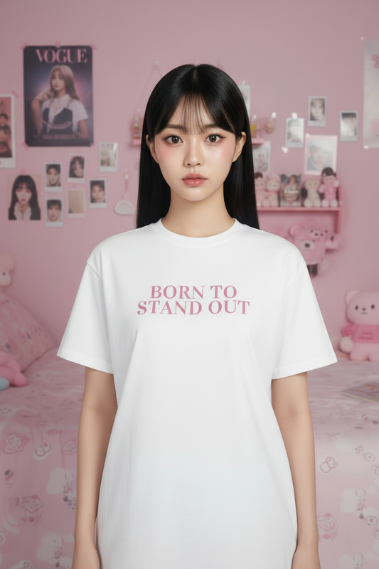 White t-shirt with 'BORN TO STAND OUT' text in pink on a white background