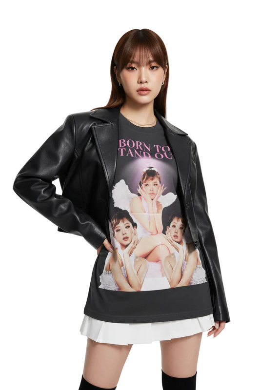 Black t-shirt with graphic design of three people and 'Born to Stand Out' text on a white background