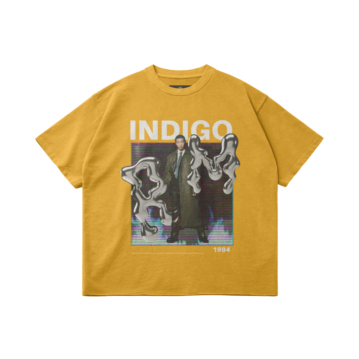 Yellow t-shirt with graphic design and 'INDIGO' text on a white background