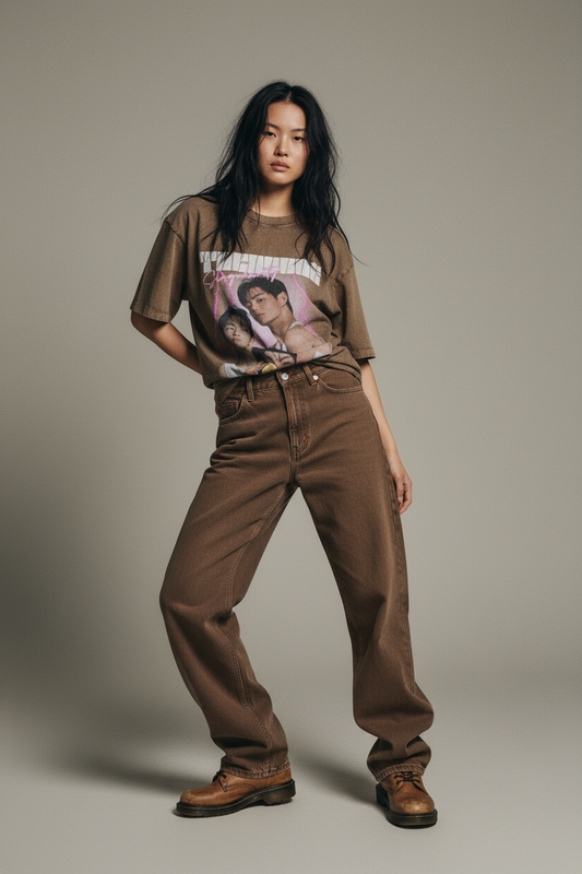 Brown t-shirt with graphic design of three people and text on a white background