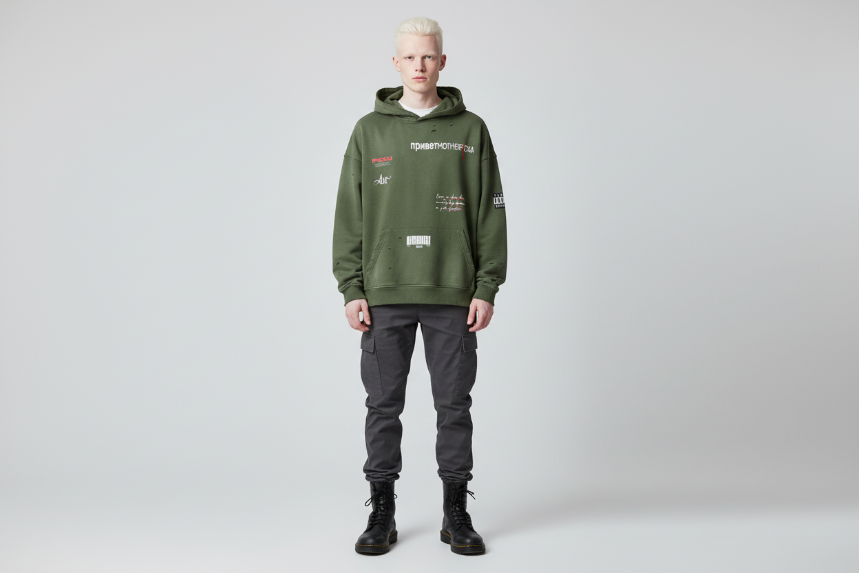 Green hoodie with text and logos on a white background