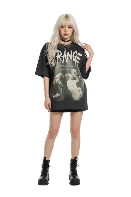 Black t-shirt with graphic design and text on a white background