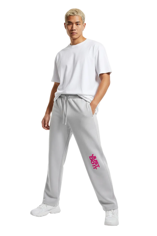 Light gray sweatpants with pink text on a white background