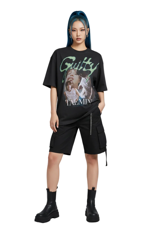 Black t-shirt with graphic design and text on a white background