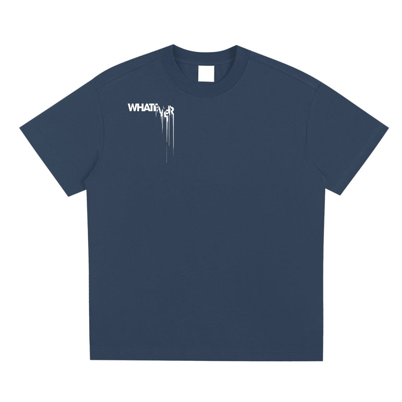 Navy blue t-shirt with 'WHATEVER' graphic on a white background