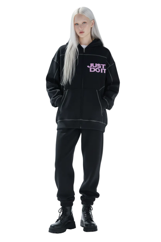 Black hoodie with 'Just Do It' text on a white background