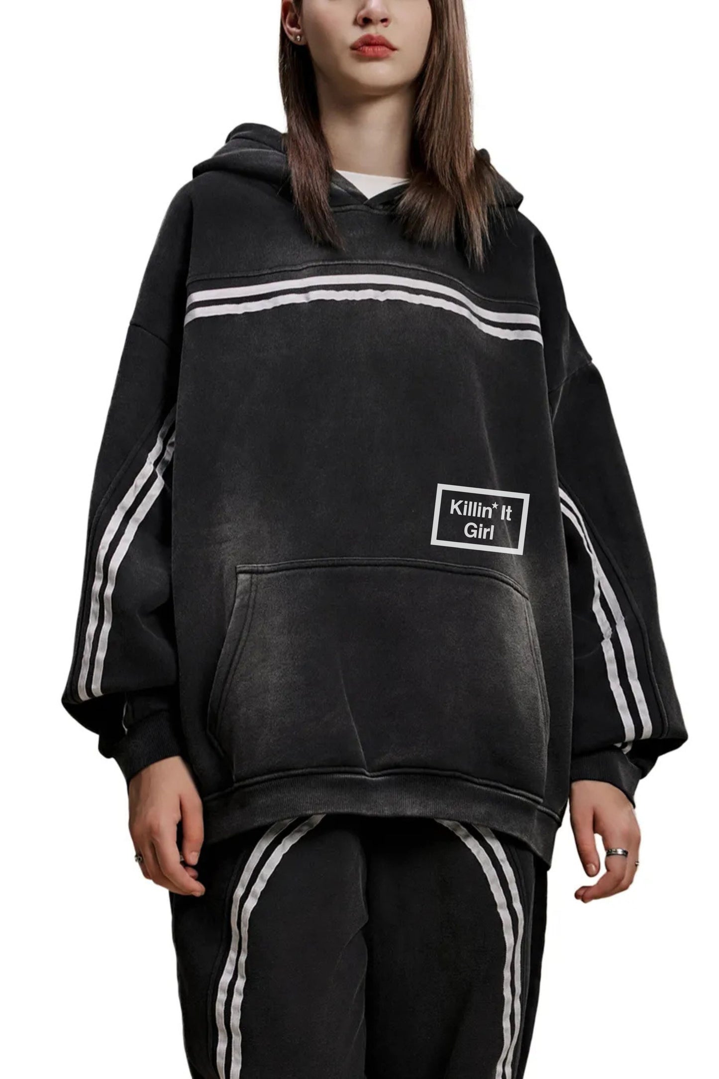 Killin it girl Fade Contrast Tape Fleece Hoodie