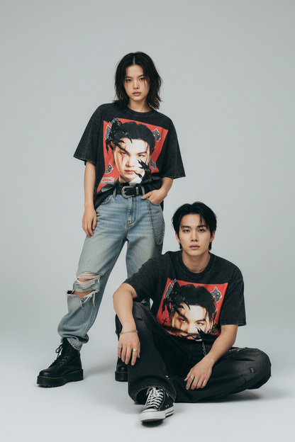 Black t-shirt with a graphic design of a person with black cat ears and red background on a white background