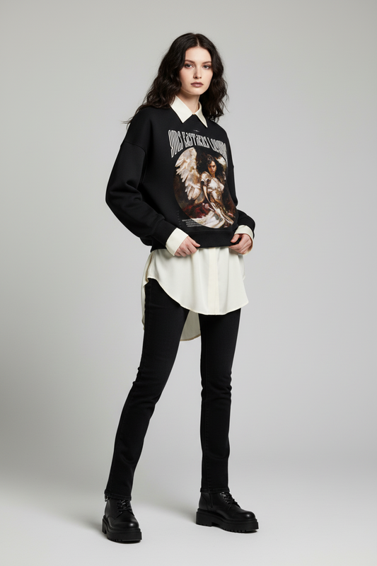 Black sweatshirt with angel graphic and text on a white background