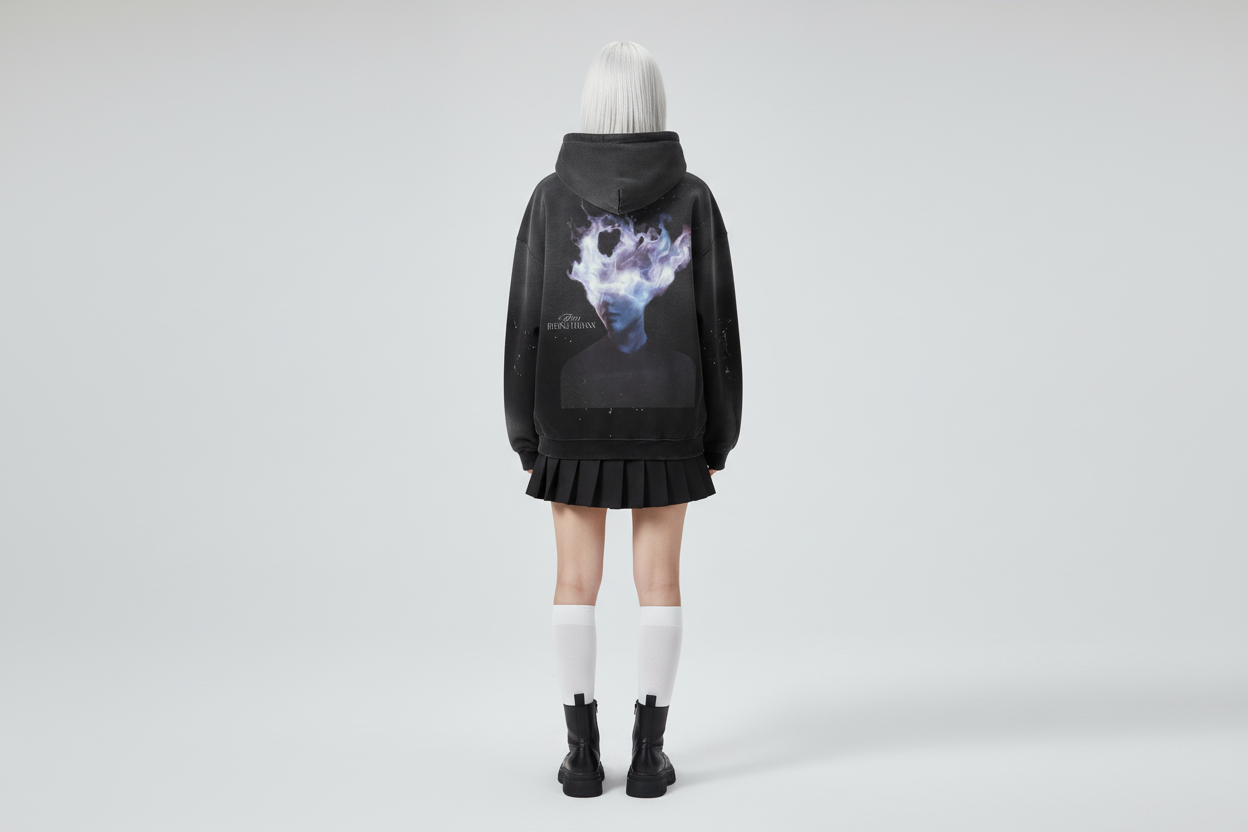Black hoodie with a graphic design on the back featuring a person with a cloud-like head on a white background.