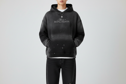 Black hoodie with text on a white background