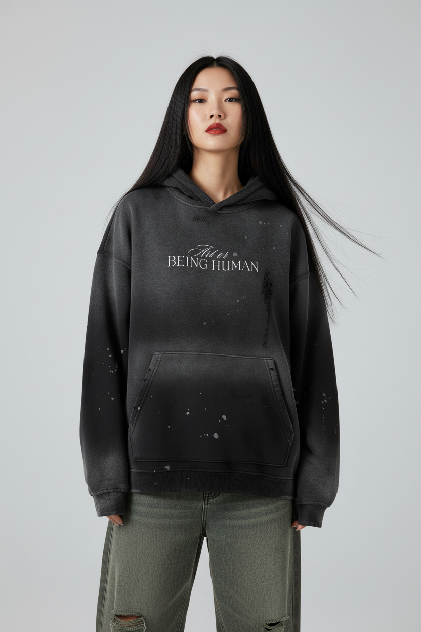 Black hoodie with text on a white background