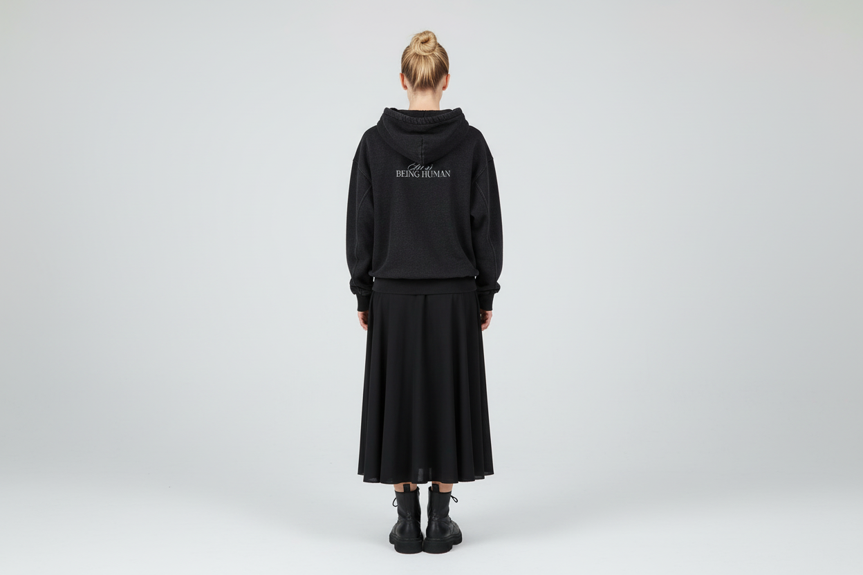 Black hoodie with text on the back against a white background