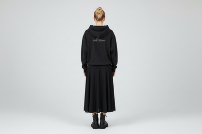 Black hoodie with text on the back against a white background