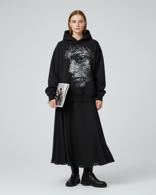 Black hoodie with a unique face design on a white background