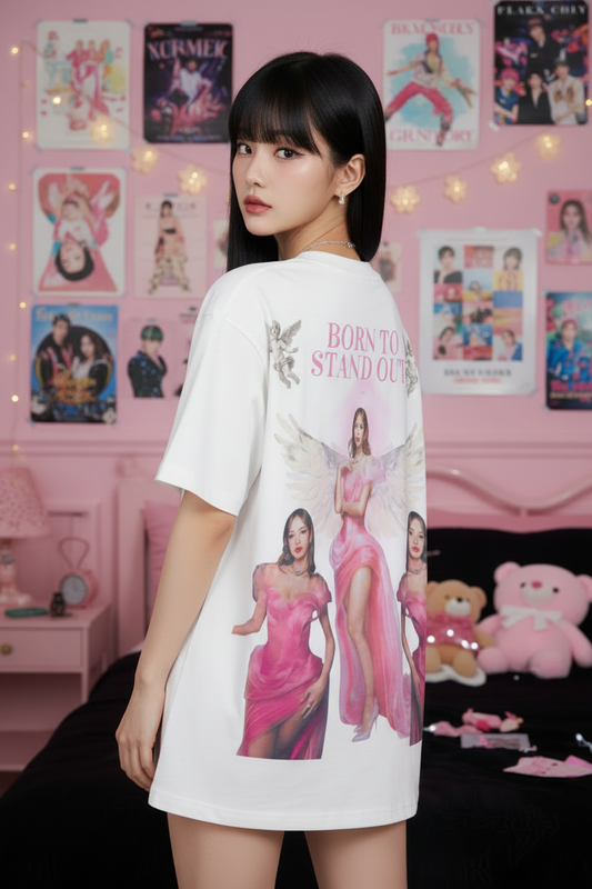 White t-shirt with angelic design and 'Born to Stand Out' text on a white background