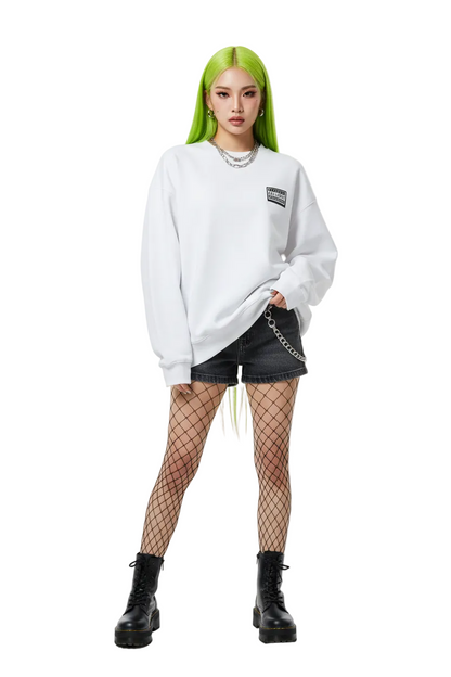 White sweatshirt with a logo on the chest against a white background