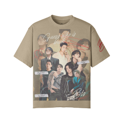 Beige t-shirt with graphic design of a group of people on a white background