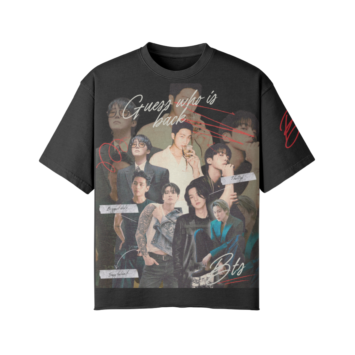 Black t-shirt with BTS graphic design on a white background