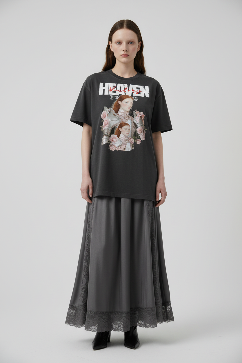 Black t-shirt with graphic design of a woman in armor and flowers, and 'Heaven' 
