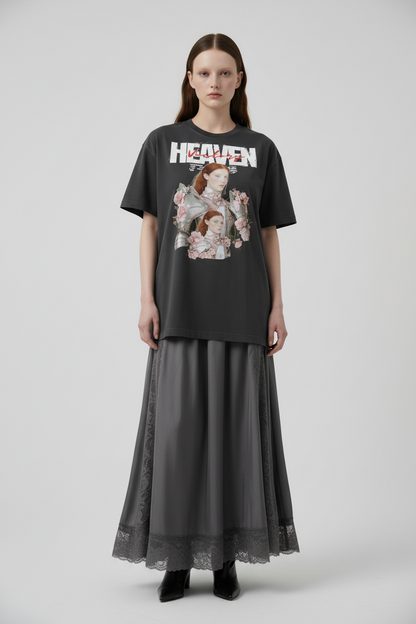 Black t-shirt with graphic design of a woman in armor and flowers, and 'Heaven' 