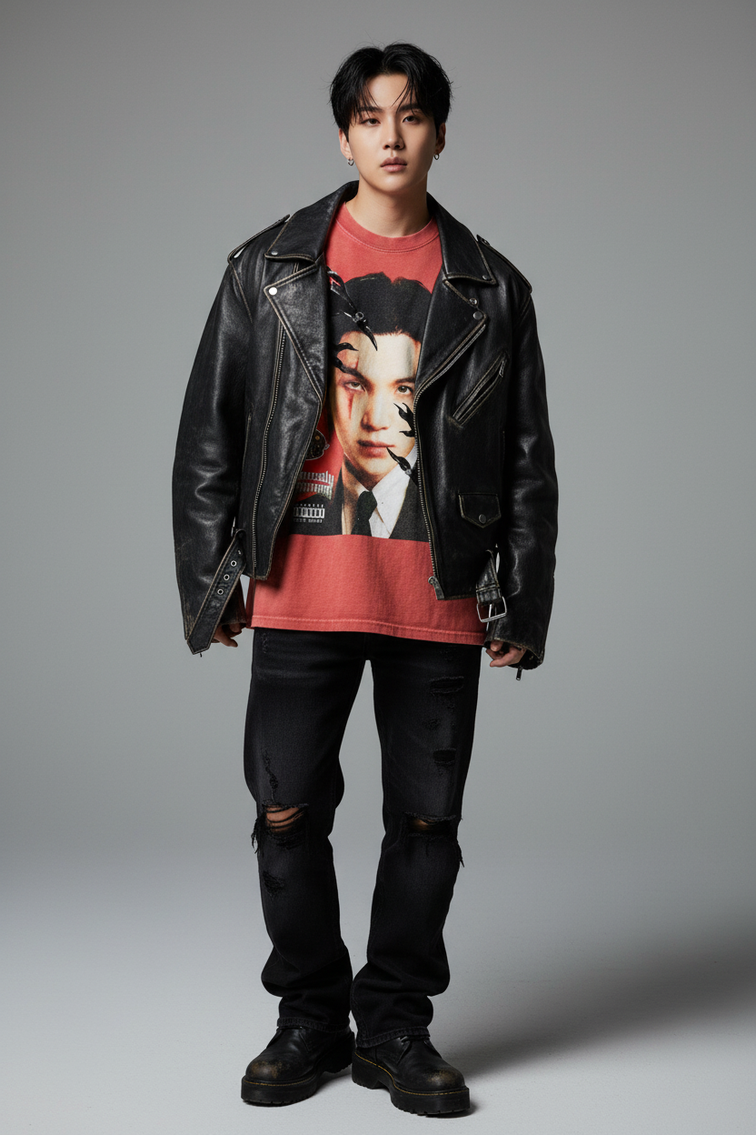 Red t-shirt with graphic design of a person and text on a white background