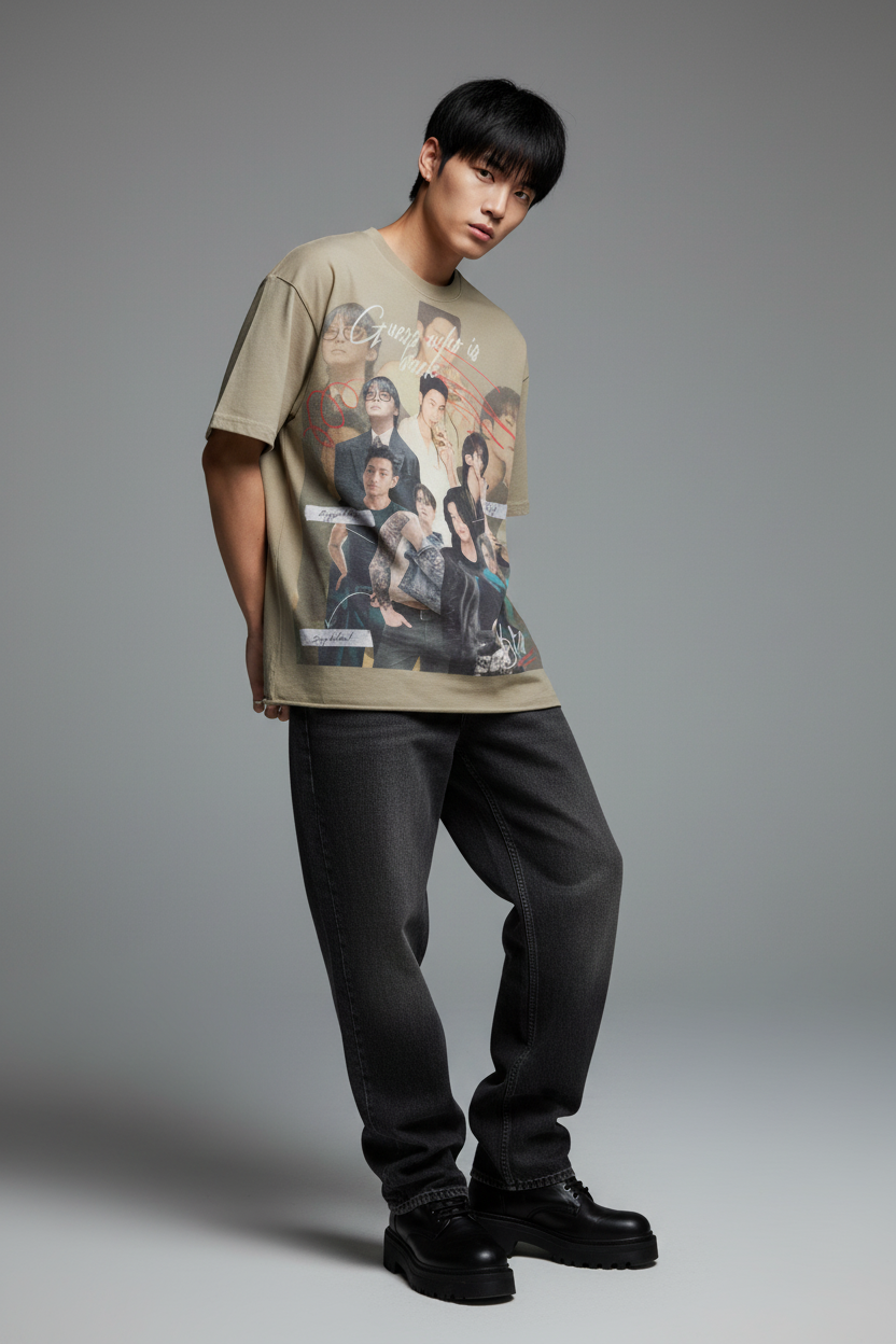 Beige t-shirt with graphic design of a group of people on a white background