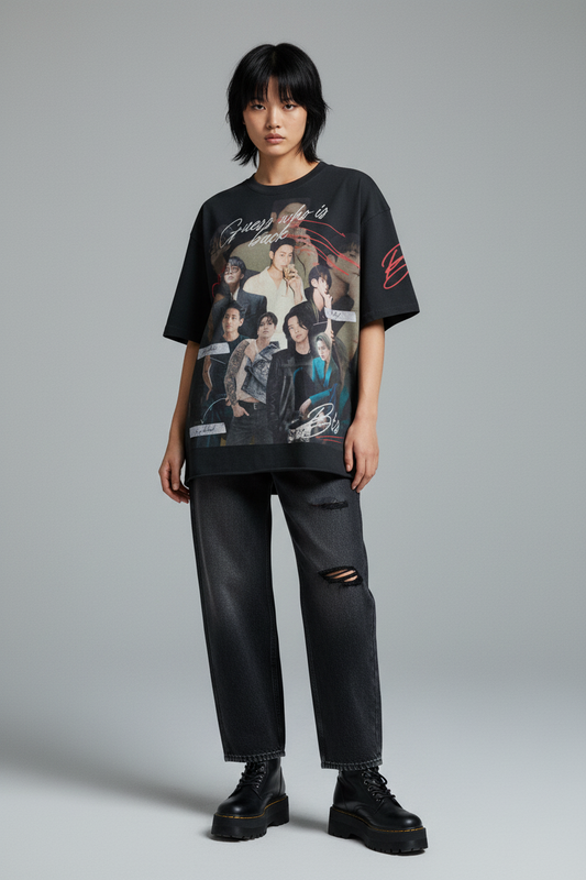 Black t-shirt with BTS graphic design on a white background