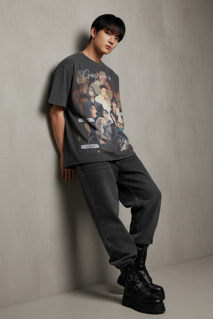 Black t-shirt with BTS graphic design on a white background