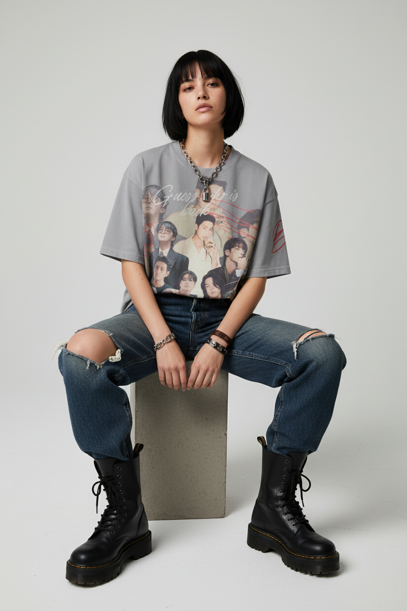 Gray t-shirt with graphic design of a group on a white background