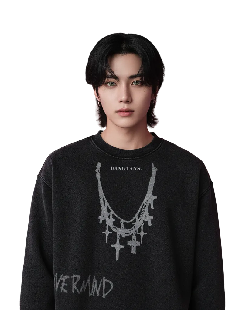 Black sweatshirt with necklace graphic and 'NEVERMIND' text on a white background