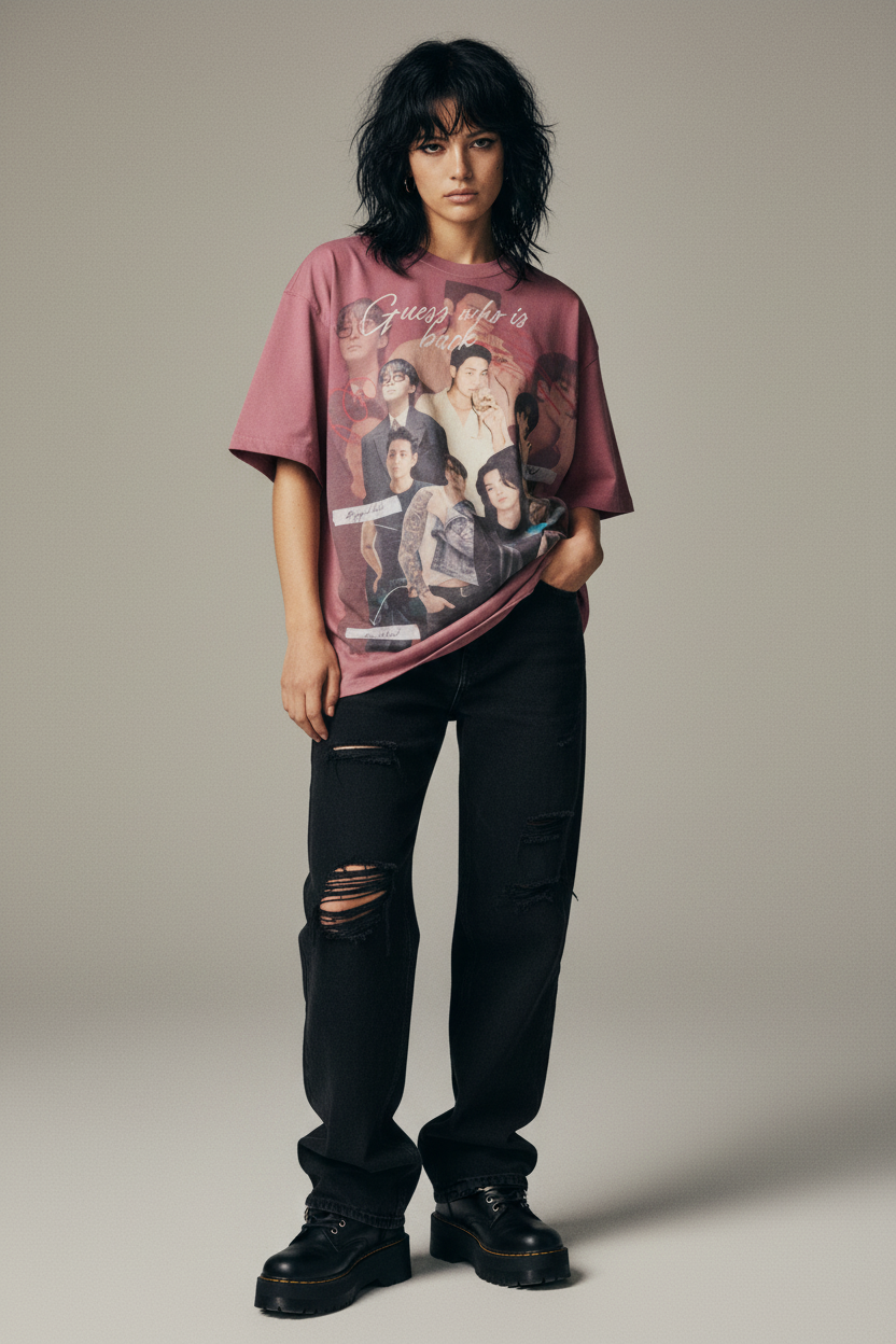 Pink t-shirt with BTS graphic design on a white background