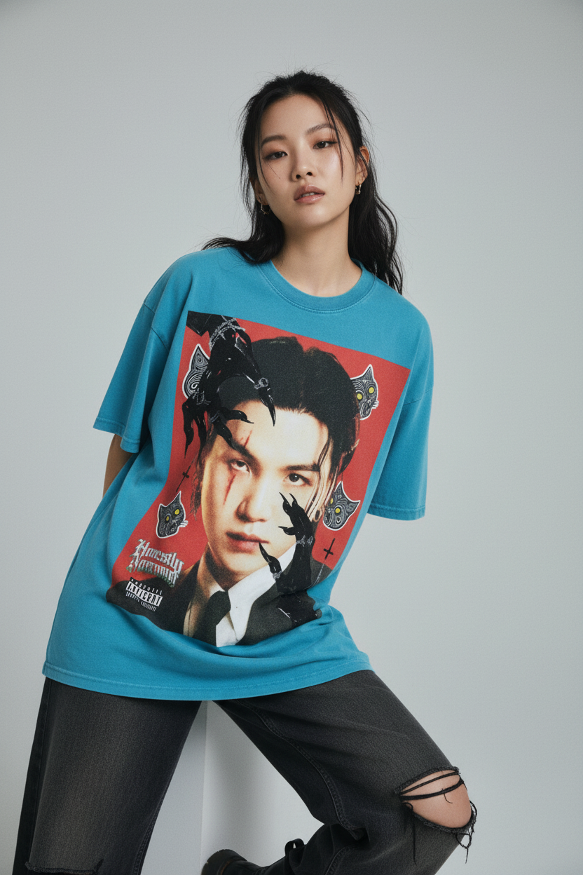 Blue t-shirt with a graphic design of a person with cat ears and a red background on a white background.