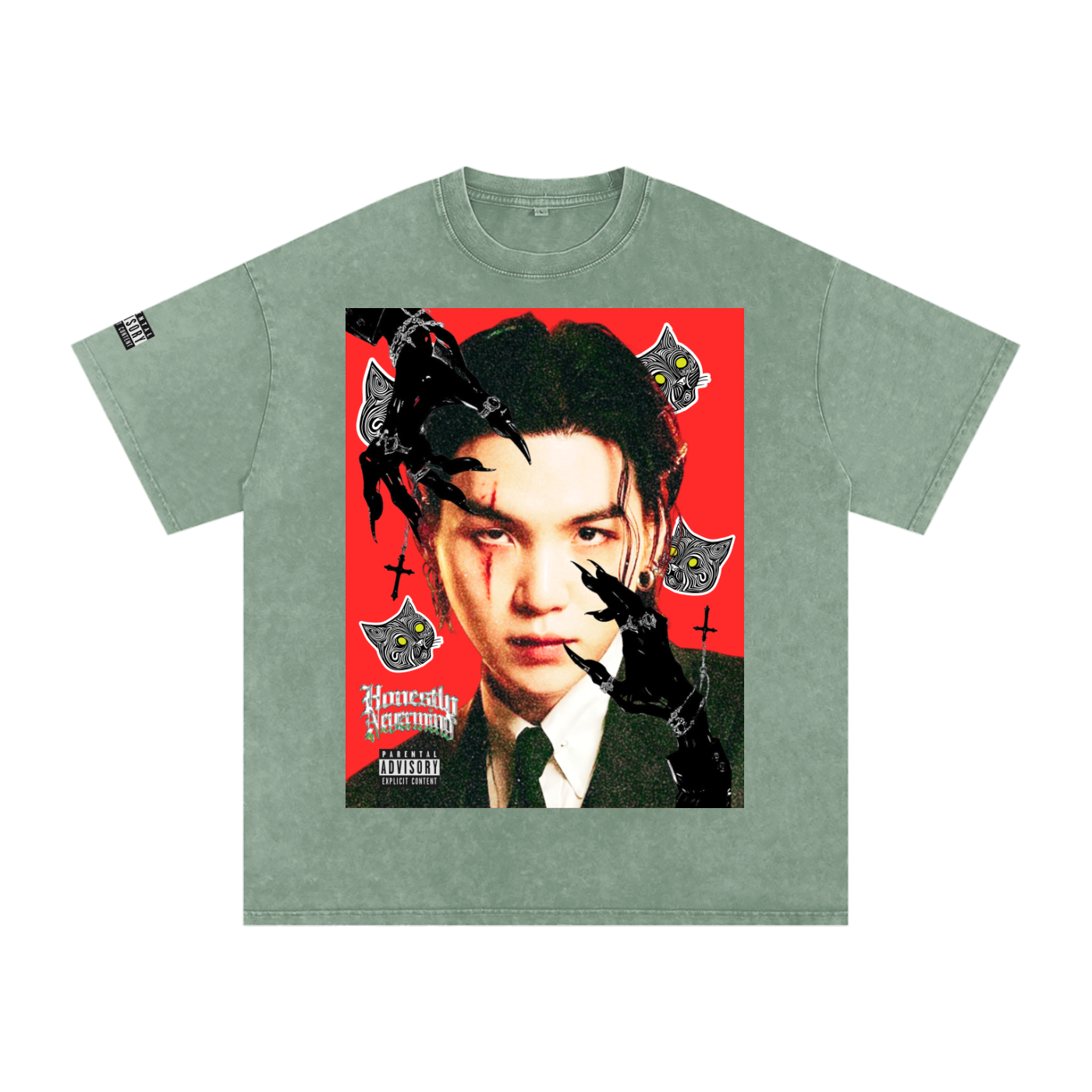 Green t-shirt with a graphic design of a person with black hair and red background on a white background