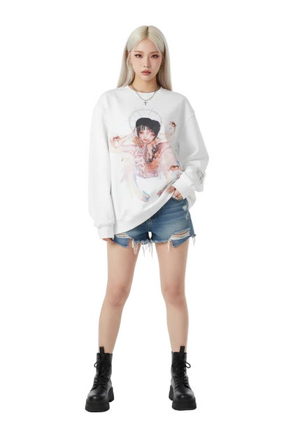 White sweatshirt with a colorful graphic design on a white background