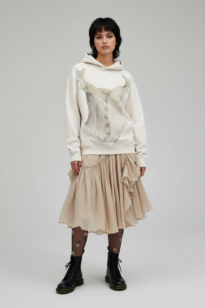 Beige hoodie with a graphic design of a corset on a white background