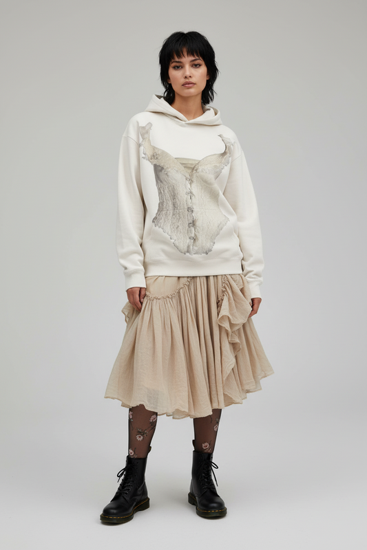 Beige hoodie with a graphic design of a corset on a white background