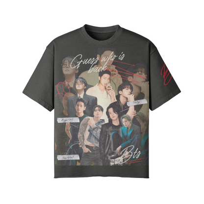 Black t-shirt with BTS graphic design on a white background