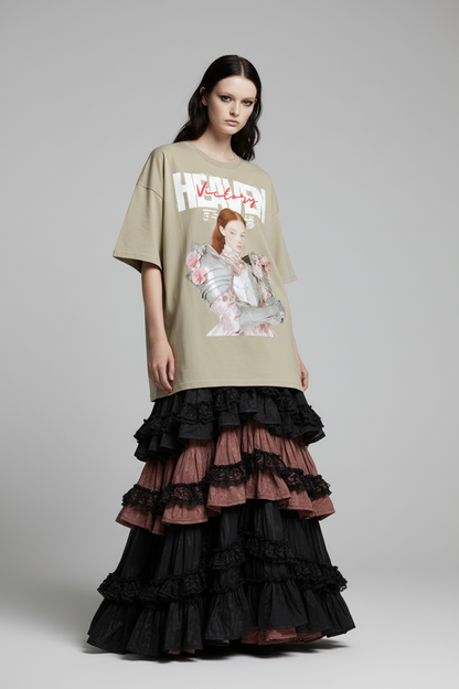Beige t-shirt with a graphic of a person in armor with flowers and text 'HEAVEN VICTORY' on a beige background