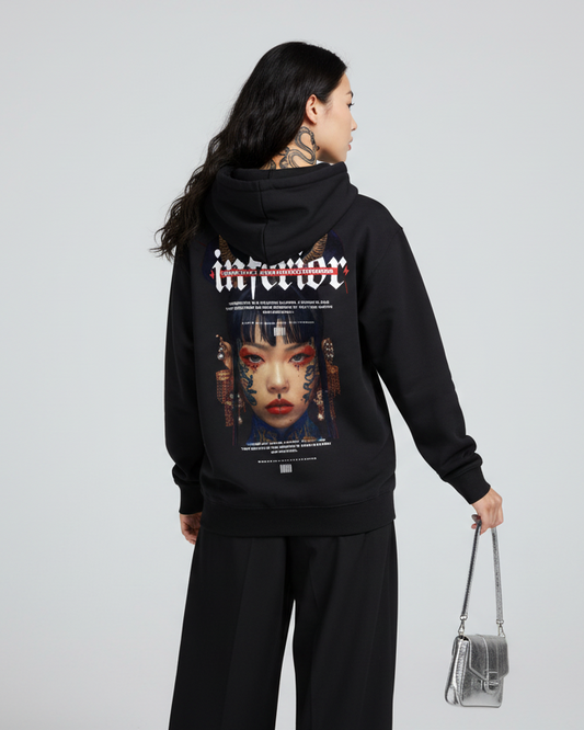 Black hoodie with a graphic design on the back featuring a face and the word 'inferior'.