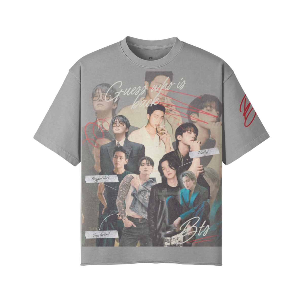 Gray t-shirt with graphic design of a group on a white background