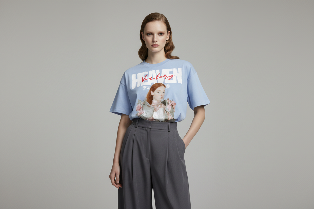 Light blue t-shirt with a graphic of a person in armor and flowers, and the word 'Heaven' printed on it.