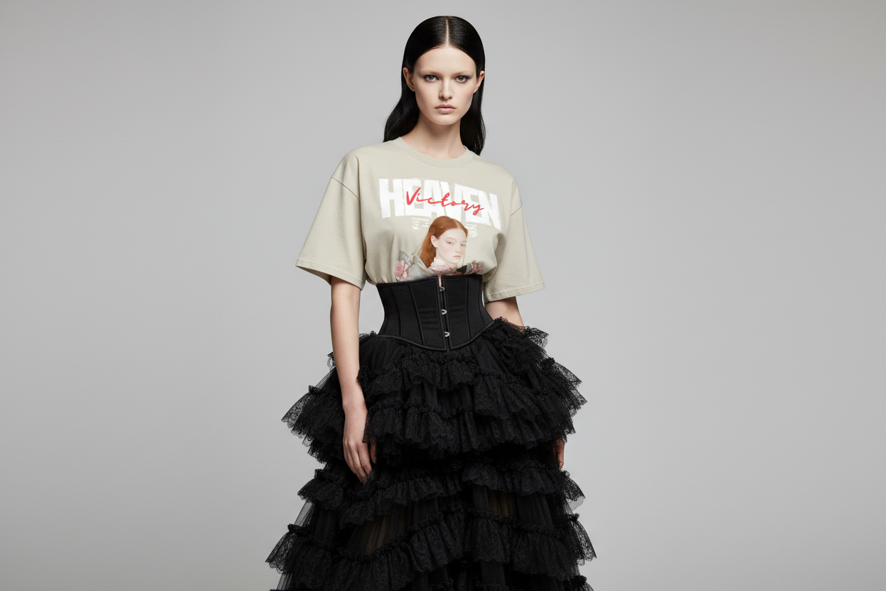 Beige t-shirt with a graphic of a person in armor with flowers and text on a white background