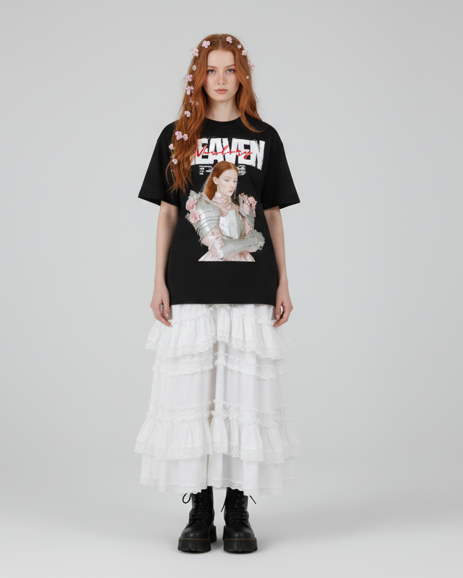 Gothic fantasy art t-shirt with floral armored girl and Heaven Victory text