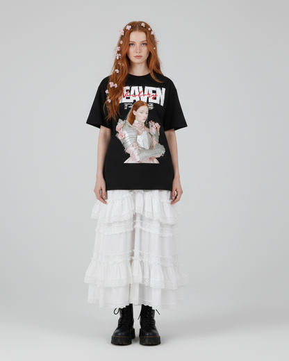 Gothic fantasy art t-shirt with floral armored girl and Heaven Victory text