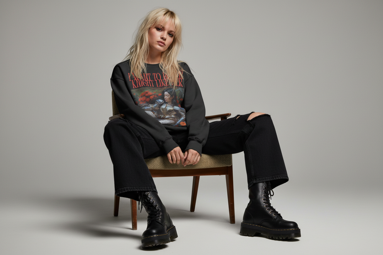 Black sweatshirt with a graphic of a knight and text 'I Want to be the Knight Like Her' on a white background